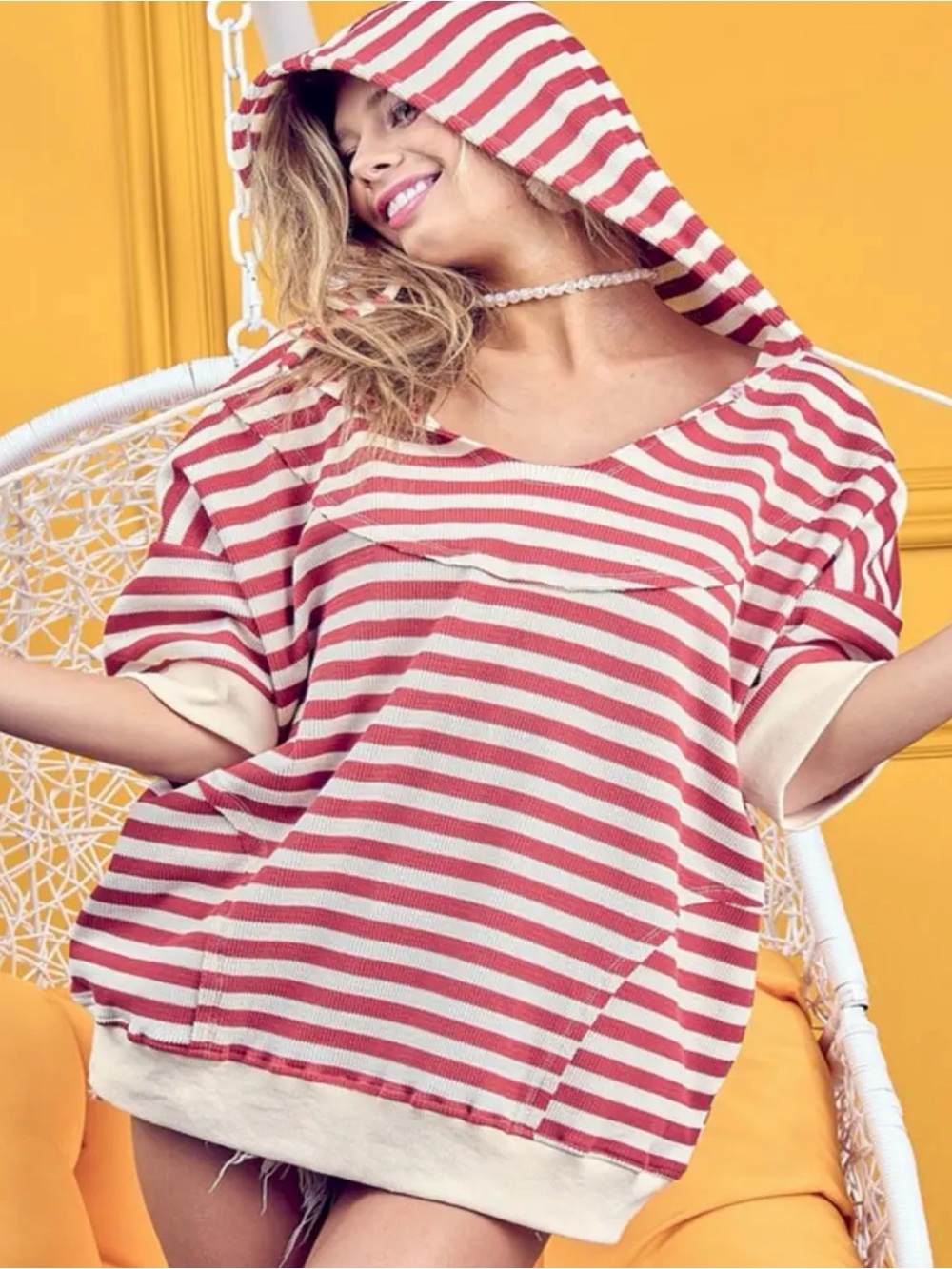 BiBi Red and Cream Striped Oversized Hooded Short Sleeve Sweatshirt